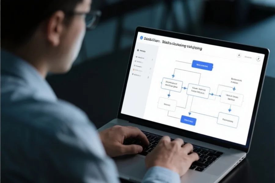 一位数据工程师专注地在笔记本电脑上操作，屏幕上显示着数据清洗和整理的流程图