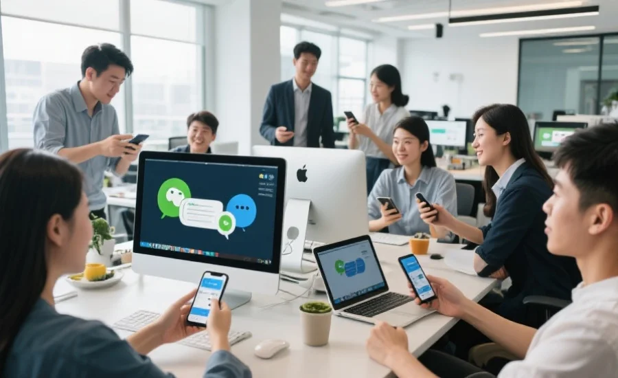 一个现代风格的办公场景中，多位用户正在通过电脑和手机参与微信社群讨论，气氛活跃
